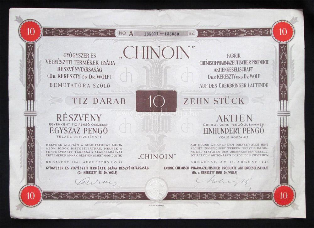 Chinoin Gy�gyszer-, Vegy�szeti Gy�r r�szv�ny 10x10 peng� 1941